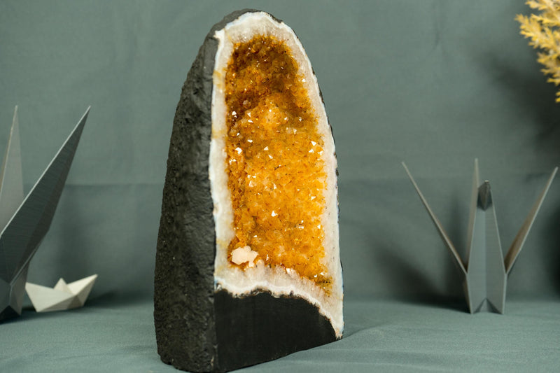 Sparkly Yellow Citrine Geode Cathedral with Calcite Inclusion - Small Size, - E2D Crystals & Minerals