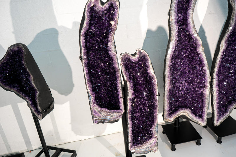 Sculptural Pair of Amethyst Geodes Set on Custom Stands, 6.6 Ft. Tall, Premium Deep Purple Amethyst Crystal, X - Large Decorative Crystal - E2D Crystals & Minerals