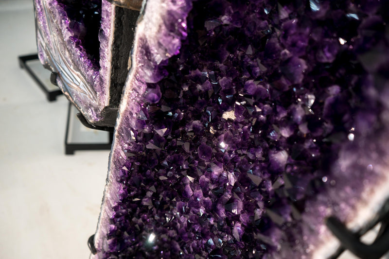 Sculptural Pair of Amethyst Geodes Set on Custom Stands, 6.6 Ft. Tall, Premium Deep Purple Amethyst Crystal, X - Large Decorative Crystal - E2D Crystals & Minerals