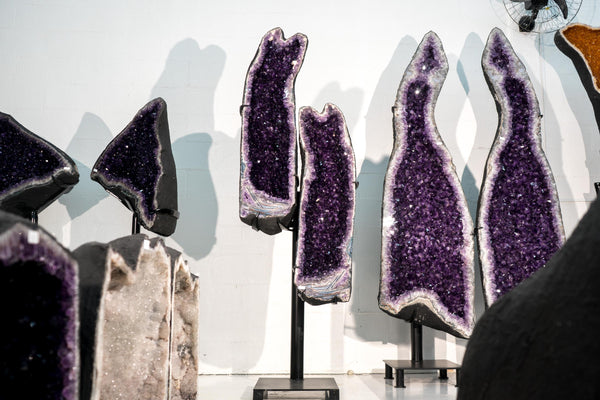 Sculptural Pair of Amethyst Geodes Set on Custom Stands, 6.6 Ft. Tall, Premium Deep Purple Amethyst Crystal, X - Large Decorative Crystal - E2D Crystals & Minerals