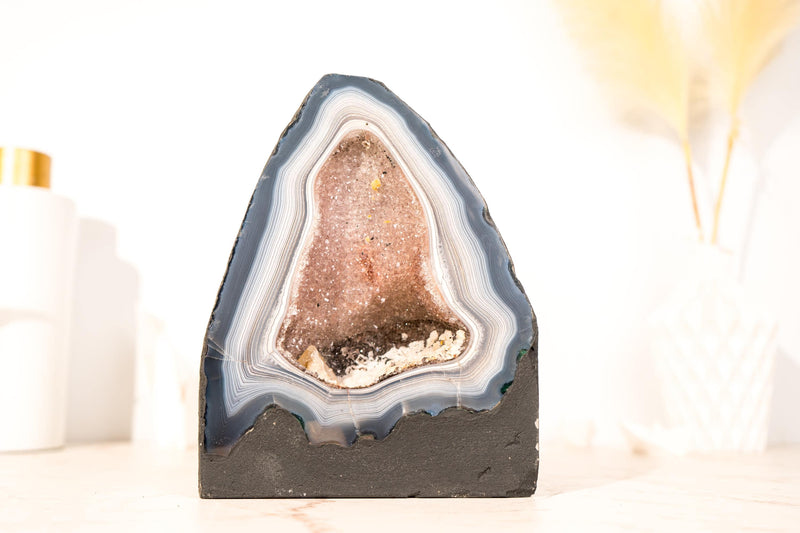 Blue & White Lace Agate Geode with Delicate Striped Pattern and Galaxy Druzy - E2D Crystals & Minerals