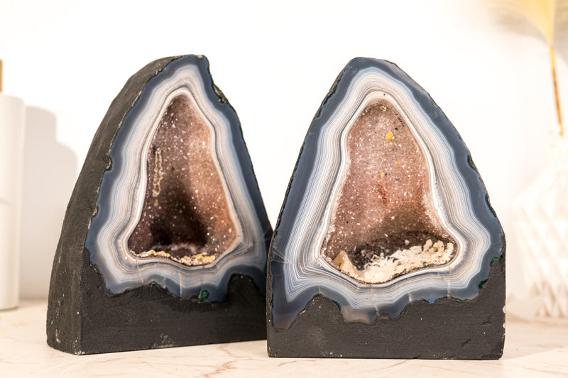 Pair of Rare Blue & White Lace Agate Geodes with Delicate Striped Pattern - E2D Crystals & Minerals