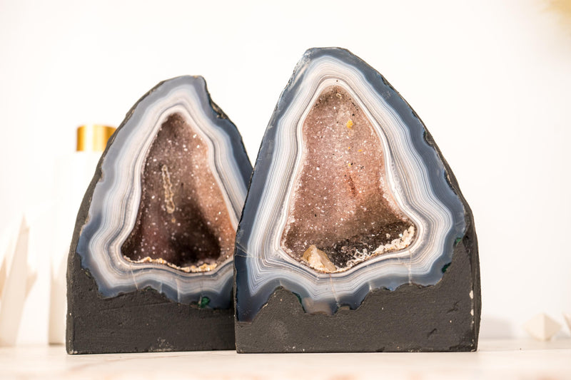 Pair of Rare Blue & White Lace Agate Geodes with Delicate Striped Pattern - E2D Crystals & Minerals