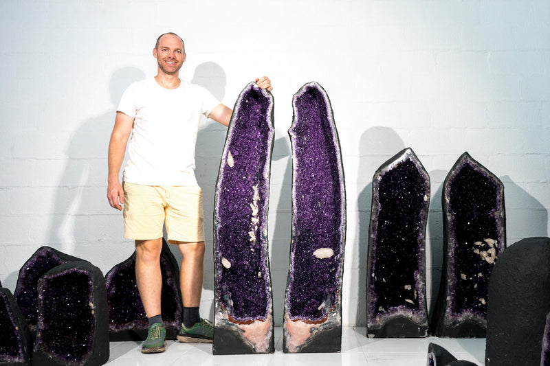 Fantastic 4.7 Ft Pair of Amethyst Cathedral Geodes – High - Grade Sparkly Purple Amethyst with Calcite Inclusions, 506 Lb - E2D Crystals & Minerals