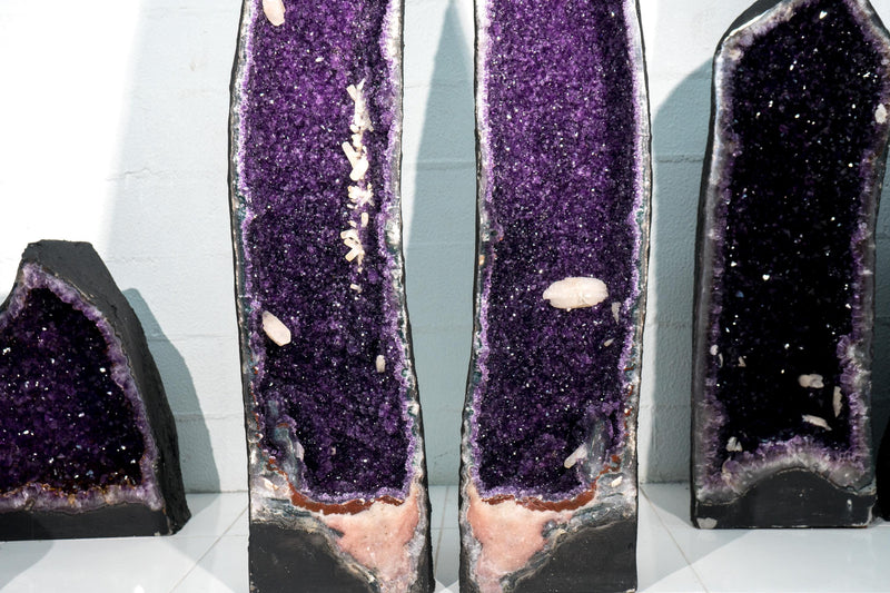 Fantastic 4.7 Ft Pair of Amethyst Cathedral Geodes – High - Grade Sparkly Purple Amethyst with Calcite Inclusions, 506 Lb - E2D Crystals & Minerals