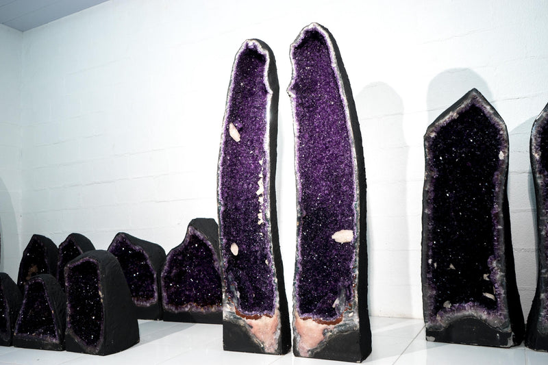 Fantastic 4.7 Ft Pair of Amethyst Cathedral Geodes – High - Grade Sparkly Purple Amethyst with Calcite Inclusions, 506 Lb - E2D Crystals & Minerals