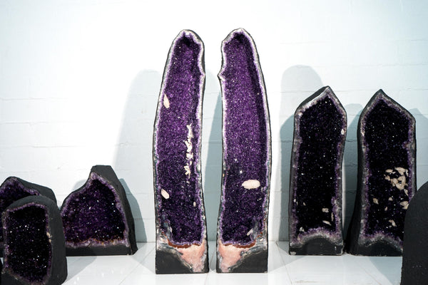 Fantastic 4.7 Ft Pair of Amethyst Cathedral Geodes – High - Grade Sparkly Purple Amethyst with Calcite Inclusions, 506 Lb - E2D Crystals & Minerals