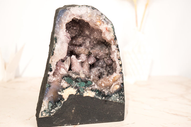 Rare Small Amethyst Geode: Quartz after Calcite, Moss Agate & Stalactites - E2D Crystals & Minerals