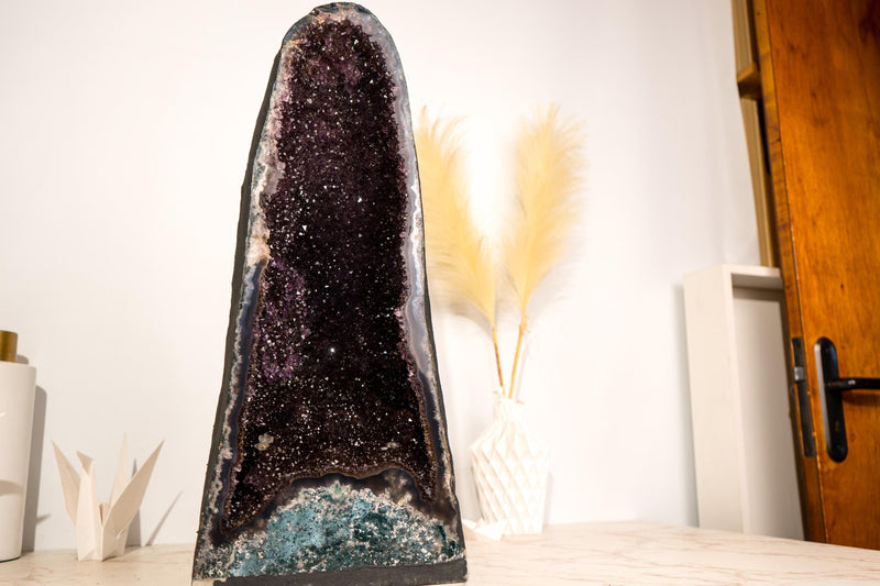 Rare Black Galaxy Amethyst Geode with Moss Agate Matrix - E2D Crystals & Minerals