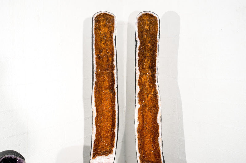 Pair of Tall, Rare Double - Chambered Citrine Geodes, 6.3 Ft. Tall with Sparkly Golden Orange Druzy, 520 Lb. - E2D Crystals & Minerals