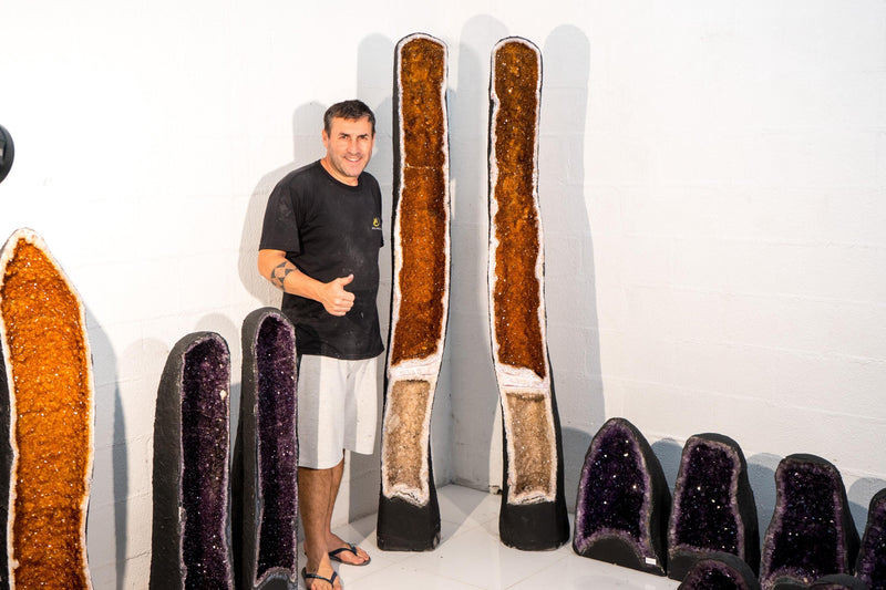 Pair of Tall, Rare Double - Chambered Citrine Geodes, 6.3 Ft. Tall with Sparkly Golden Orange Druzy, 520 Lb. - E2D Crystals & Minerals