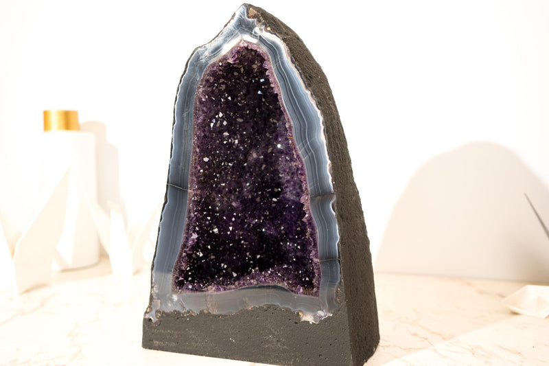 Collector - Grade Deep Purple Amethyst Geode on Intact Blue Lace Agate Lace Matrix - Energetic, High - End Crystal - 14 Kg - 32lb - E2D Crystals & Minerals