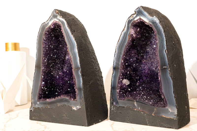 Pair of Deep Purple Amethyst Geodes on Intact Blue Lace Agate Matrix