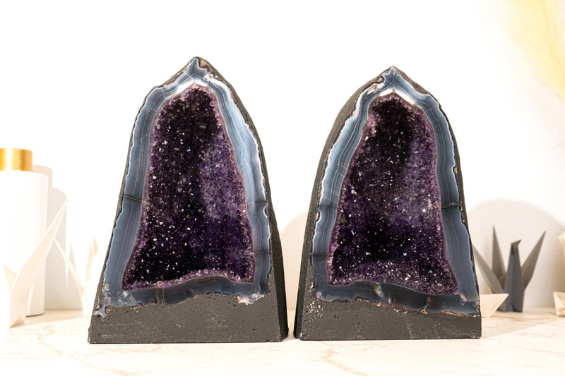 Pair of Deep Purple Amethyst Geodes on Intact Blue Lace Agate Matrix