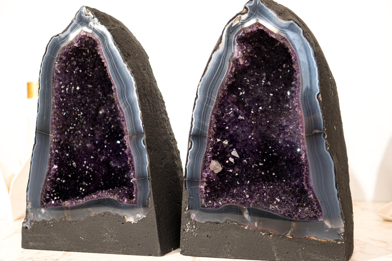 Pair of Deep Purple Amethyst Geodes on Intact Blue Lace Agate Matrix