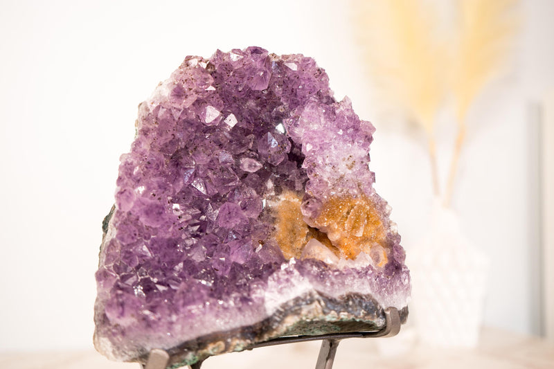 Amethyst-Cluster mit seltenem Blumenteller aus Amethyst und goldenem Goethit