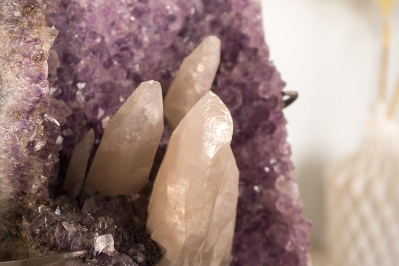 Rare Pink UV - Reactive Calcite on Lavender Purple Amethyst Cluster - E2D Crystals & Minerals