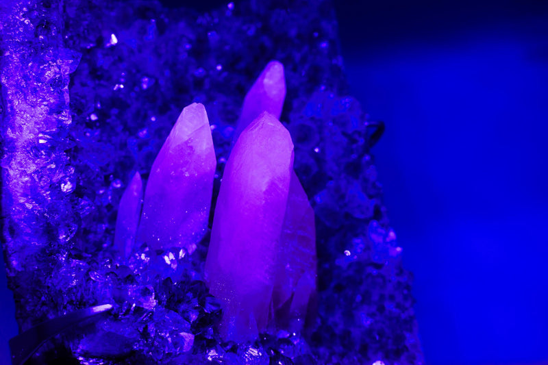 Rare Pink UV - Reactive Calcite on Lavender Purple Amethyst Cluster - E2D Crystals & Minerals