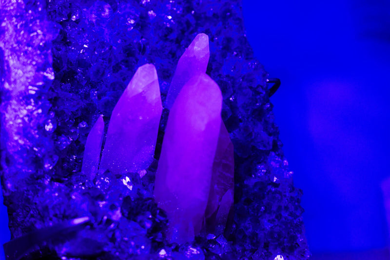 Rare Pink UV - Reactive Calcite on Lavender Purple Amethyst Cluster - E2D Crystals & Minerals