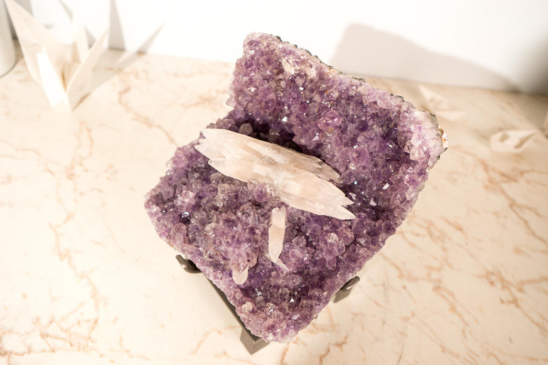 Rare UV - Reactive Calcite on Lavender Purple Amethyst Cluster, Pink Reactive Color - E2D Crystals & Minerals