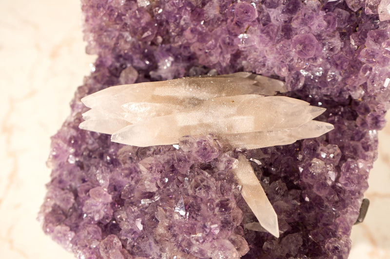 Rare UV - Reactive Calcite on Lavender Purple Amethyst Cluster, Pink Reactive Color - E2D Crystals & Minerals