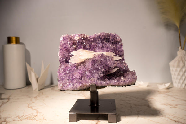 Rare UV - Reactive Calcite on Lavender Purple Amethyst Cluster, Pink Reactive Color - E2D Crystals & Minerals