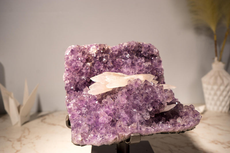 Rare UV - Reactive Calcite on Lavender Purple Amethyst Cluster, Pink Reactive Color - E2D Crystals & Minerals