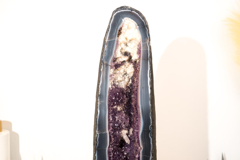 Rare Tall Deep Purple Amethyst Geode Cathedral with Blue Lace Agate & Calcite Inclusions