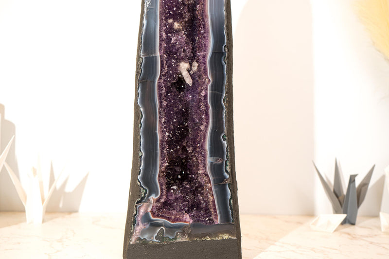 Rare Tall Deep Purple Amethyst Geode Cathedral with Blue Lace Agate & Calcite Inclusions