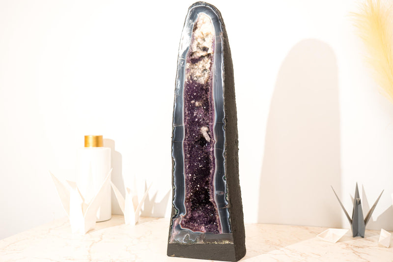 Rare Tall Deep Purple Amethyst Geode Cathedral with Blue Lace Agate & Calcite Inclusions