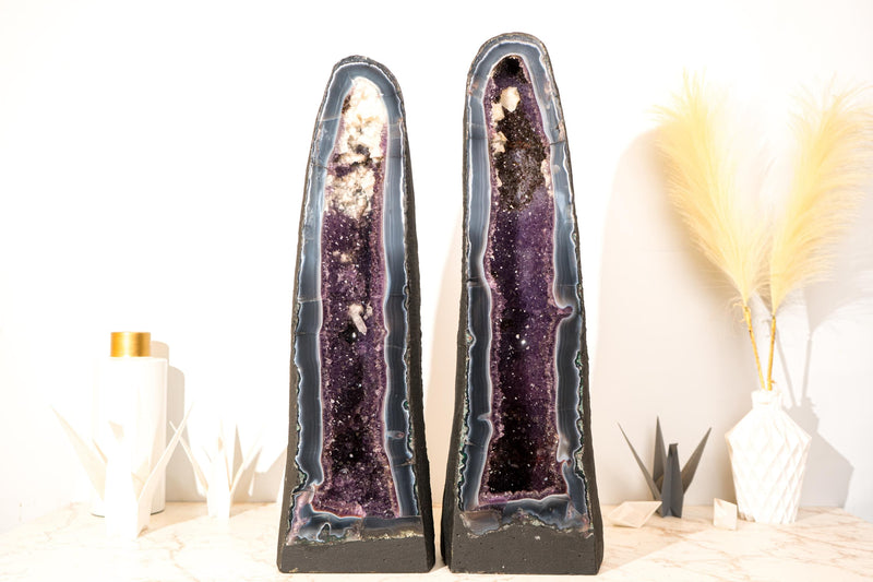 Rare Pair of Bookmatching Tall Deep Purple Amethyst Geode Cathedrals with Blue Lace Agate & Calcite Inclusions - 25 In - 94 Lb - E2D Crystals & Minerals