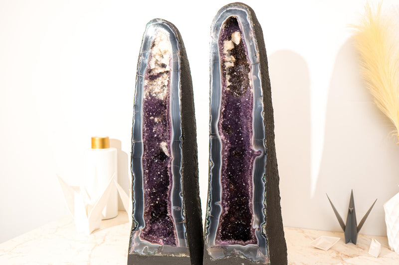 Rare Pair of Bookmatching Tall Deep Purple Amethyst Geode Cathedrals with Blue Lace Agate & Calcite Inclusions - 25 In - 94 Lb - E2D Crystals & Minerals