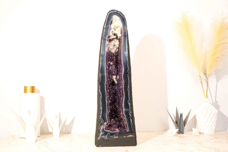 Rare Pair of Bookmatching Tall Deep Purple Amethyst Geode Cathedrals with Blue Lace Agate & Calcite Inclusions - 25 In - 94 Lb - E2D Crystals & Minerals