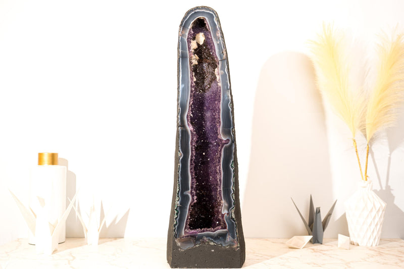 Rare Pair of Bookmatching Tall Deep Purple Amethyst Geode Cathedrals with Blue Lace Agate & Calcite Inclusions - 25 In - 94 Lb - E2D Crystals & Minerals