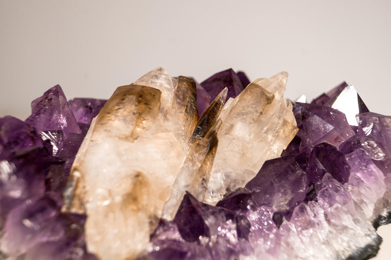 Rare Crystal Calcite on Deep Purple Amethyst Cluster with Goethite Inclusions - E2D Crystals & Minerals