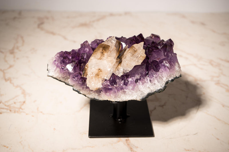 Rare Crystal Calcite on Deep Purple Amethyst Cluster with Goethite Inclusions - E2D Crystals & Minerals