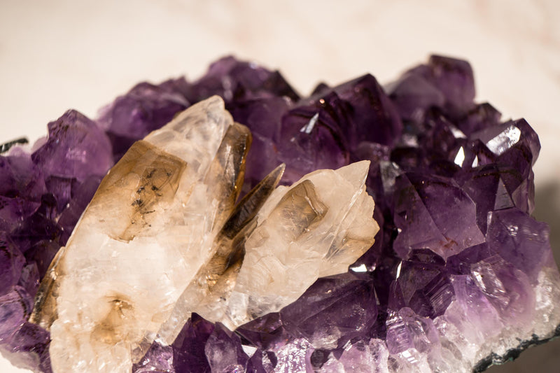 Rare Crystal Calcite on Deep Purple Amethyst Cluster with Goethite Inclusions - E2D Crystals & Minerals