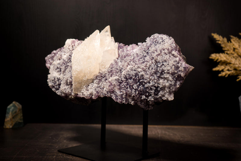 Elestial Spar Calcite on Amethyst Cluster with Delicate Calcite Flowers - E2D Crystals & Minerals