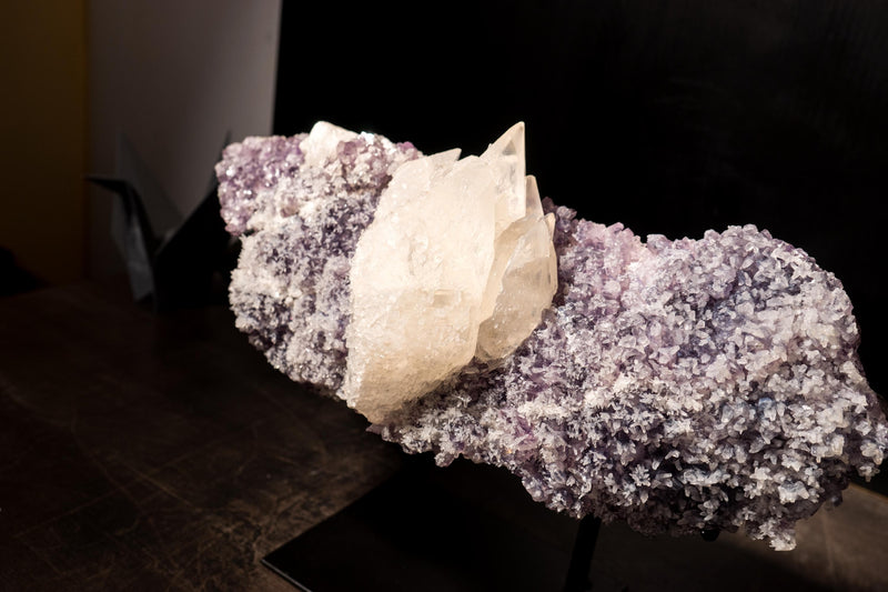 Elestial Spar Calcite on Amethyst Cluster with Delicate Calcite Flowers - E2D Crystals & Minerals