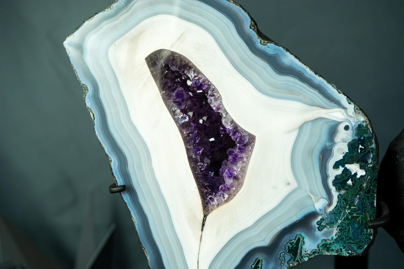 Collection - Grade Lace Agate Wings Geode with Rare Blue and White Agate Laces and Rich Purple Amethyst Crystals 7.6 Kg - 16.8 lb, - E2D Crystals & Minerals