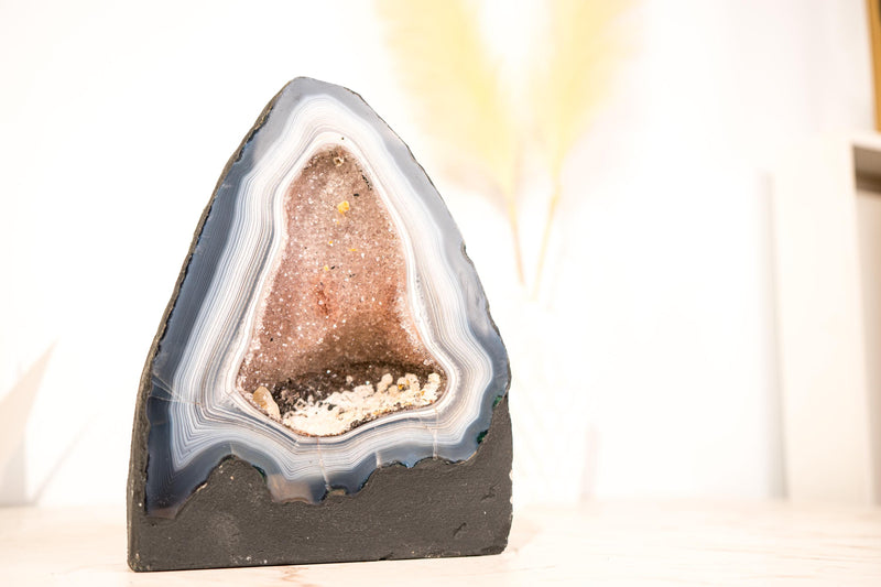 Blue & White Lace Agate Geode with Delicate Striped Pattern and Galaxy Druzy - E2D Crystals & Minerals