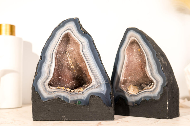 Pair of Rare Blue & White Lace Agate Geodes with Delicate Striped Pattern - E2D Crystals & Minerals