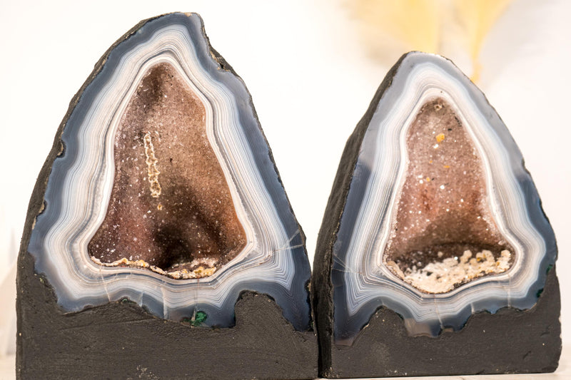 Pair of Rare Blue & White Lace Agate Geodes with Delicate Striped Pattern - E2D Crystals & Minerals