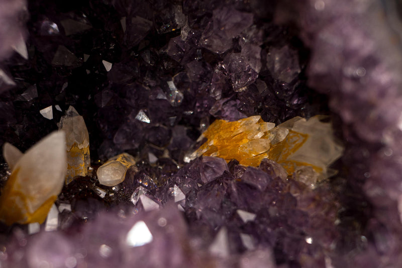 Amethyst Geode (10 Lb) with UV Reactive Honey Calcite - E2D Crystals & Minerals