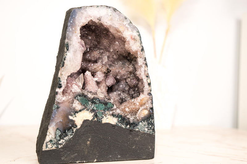 Rare Small Amethyst Geode: Quartz after Calcite, Moss Agate & Stalactites - E2D Crystals & Minerals