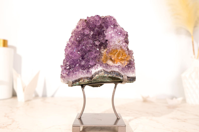 Amethyst-Cluster mit seltenem Blumenteller aus Amethyst und goldenem Goethit