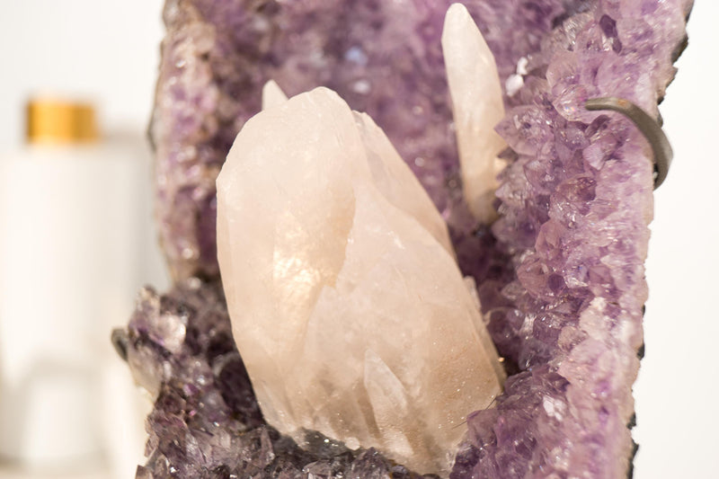 Rare Pink UV - Reactive Calcite on Lavender Purple Amethyst Cluster - E2D Crystals & Minerals