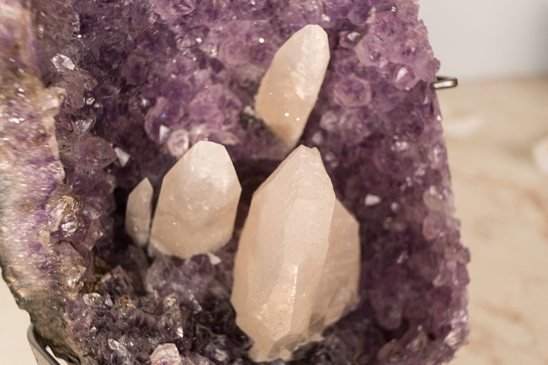 Rare Pink UV - Reactive Calcite on Lavender Purple Amethyst Cluster - E2D Crystals & Minerals