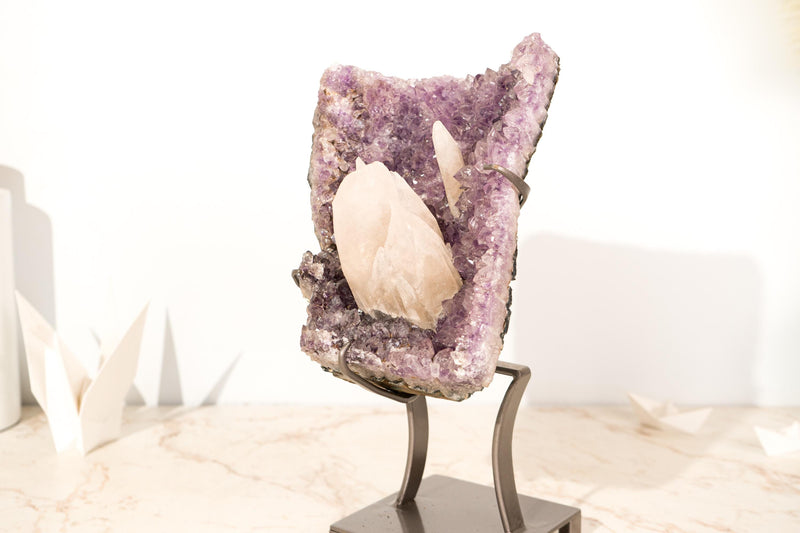 Rare Pink UV - Reactive Calcite on Lavender Purple Amethyst Cluster - E2D Crystals & Minerals