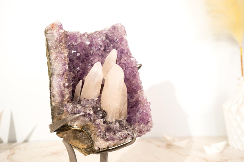 Rare Pink UV - Reactive Calcite on Lavender Purple Amethyst Cluster - E2D Crystals & Minerals